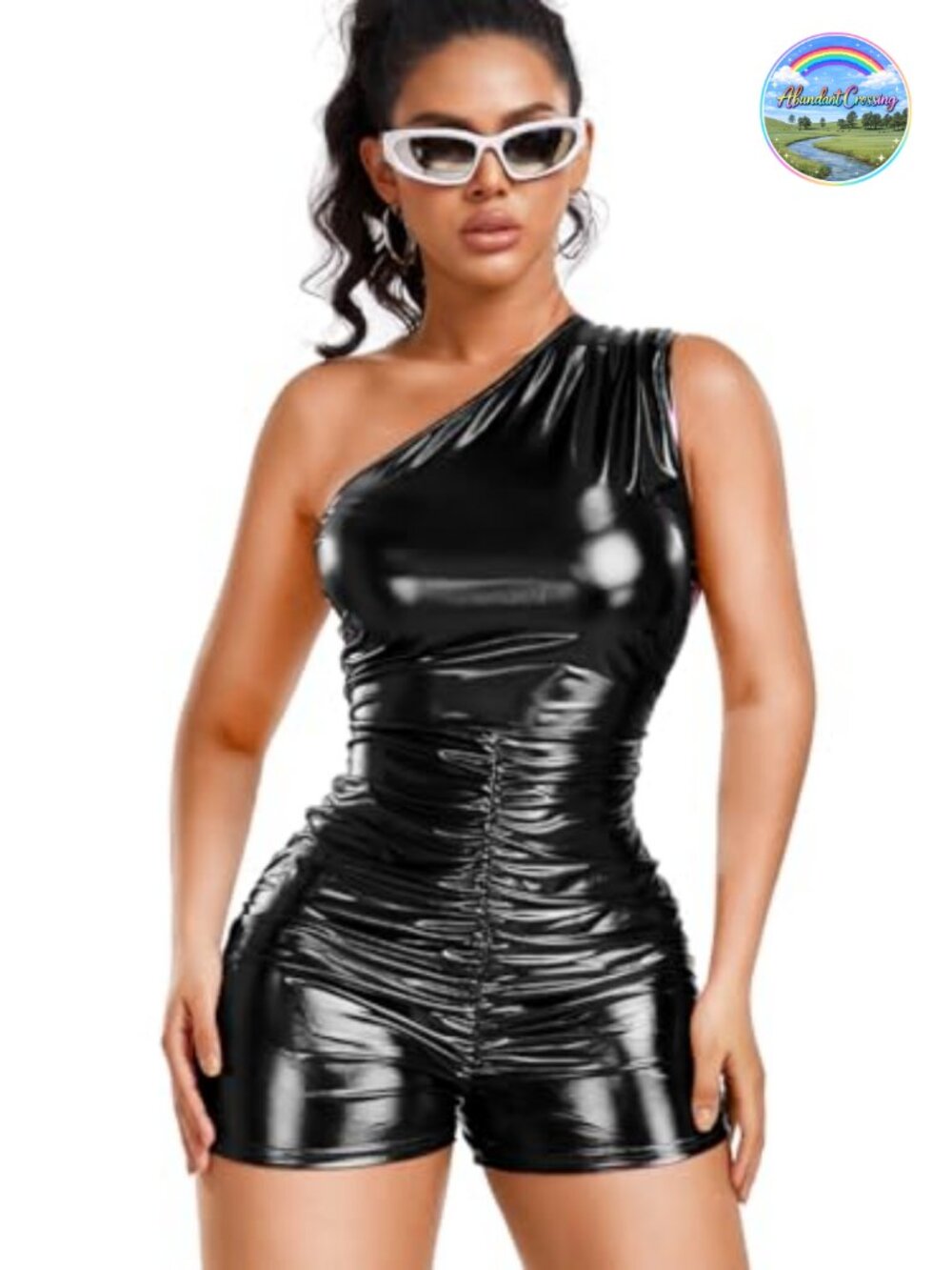 Metallic Faux Leather Bodycon Romper One Shoulder Ruched Party Club Outfit